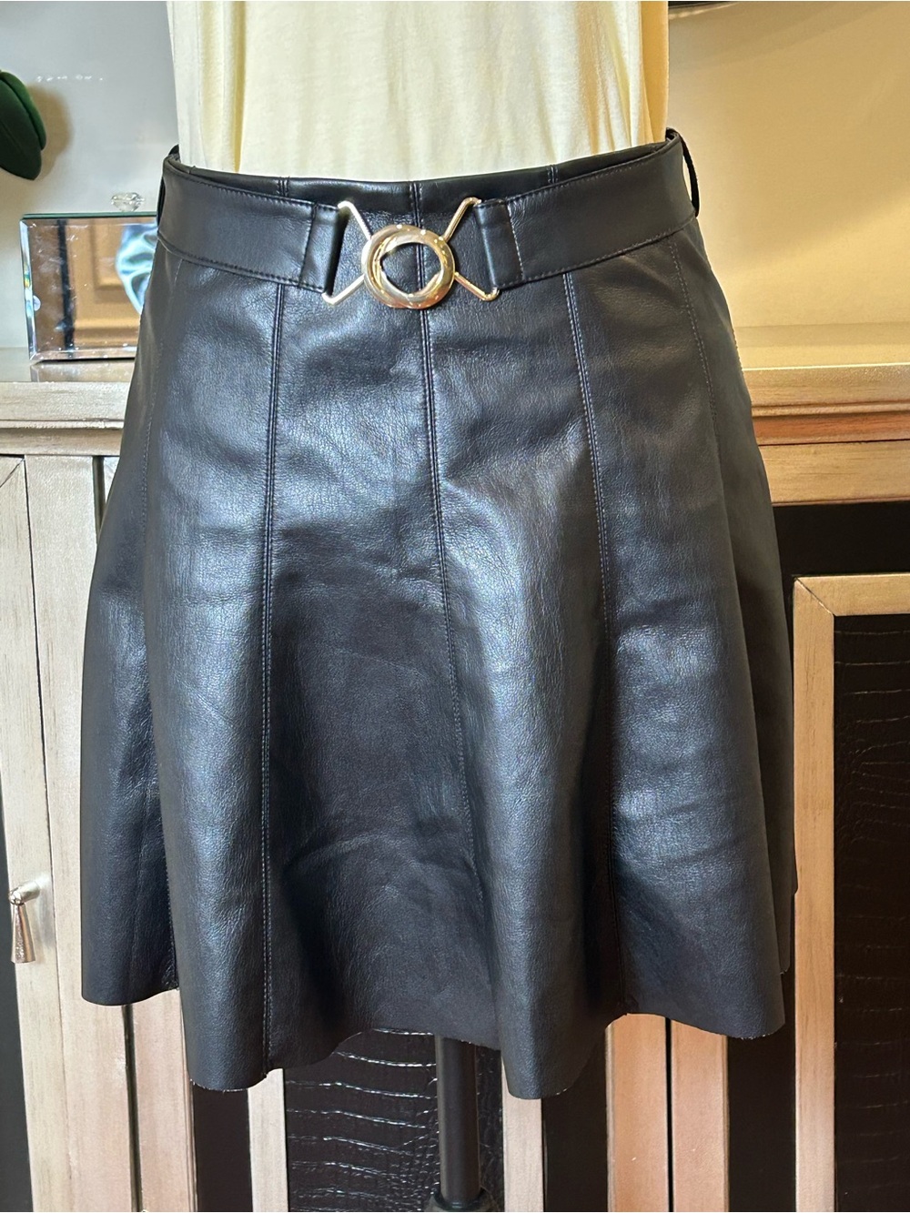 House of Harlow Classic Black Faux Leather A-Line Skirt with Gold Buckle